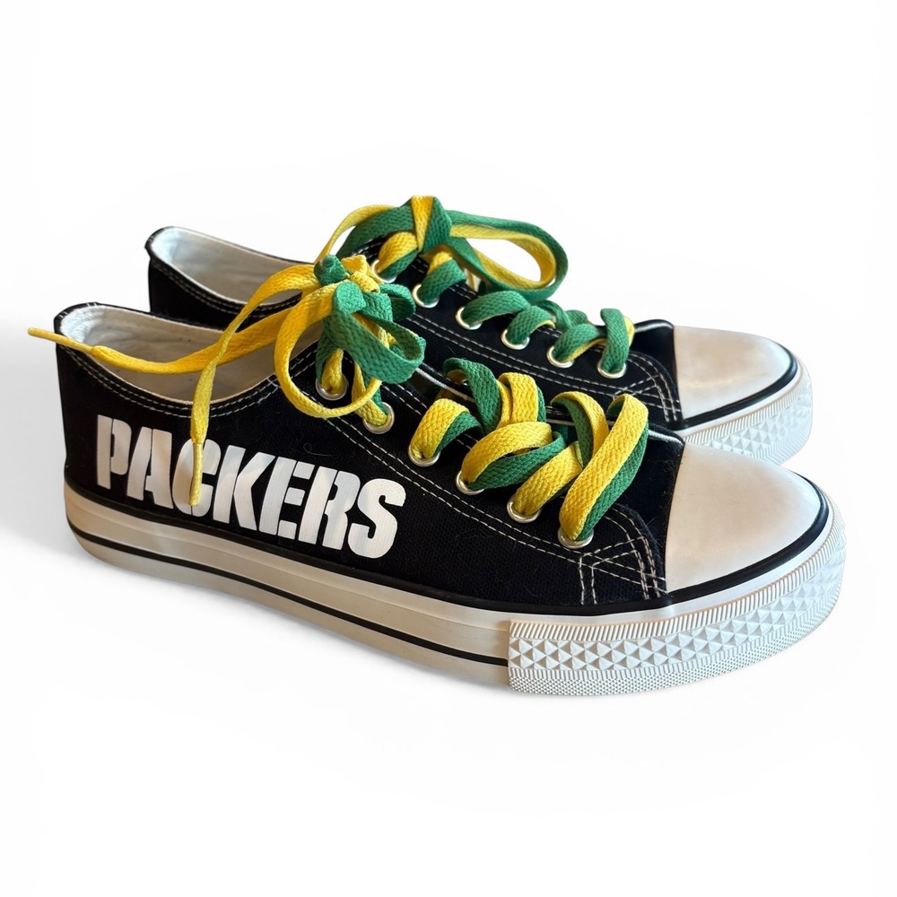 E-LOV‎ Green Bay Packers Canvas Low Top Sneakers Black Womens Size 38 7.5